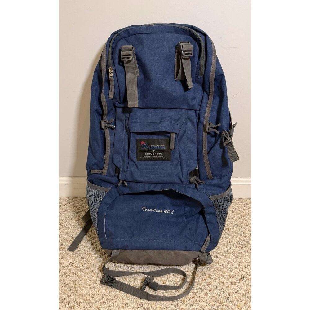 Mountaintop Outdoor Adventure Hiking Backpack 40L Traveling Navy Blue Rain Cover